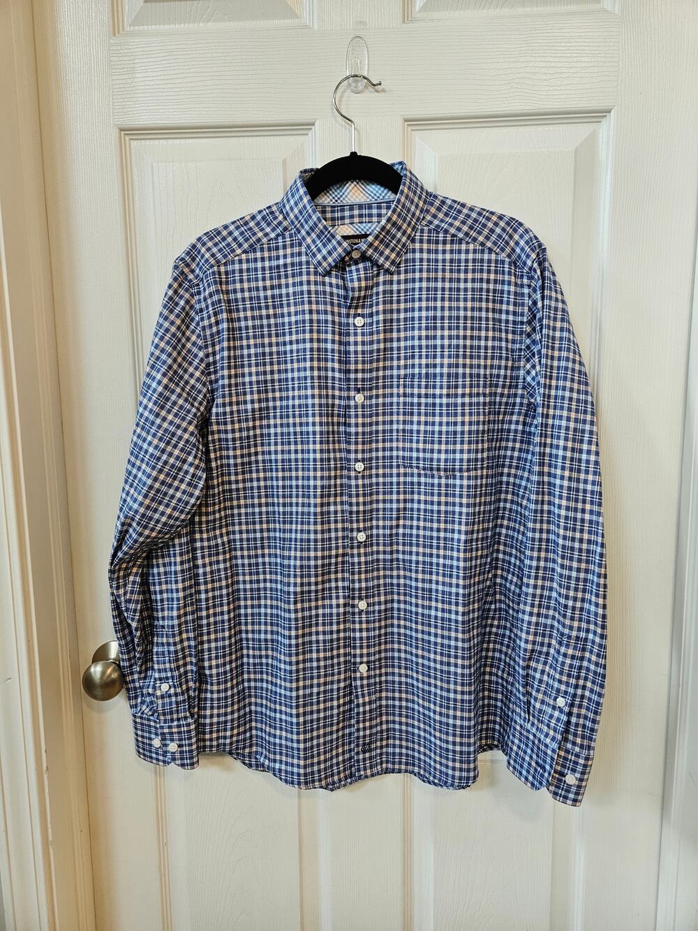 Johnston & Murphy Men's Medium Blue Plaid Button Front Shirt 100% Cotton